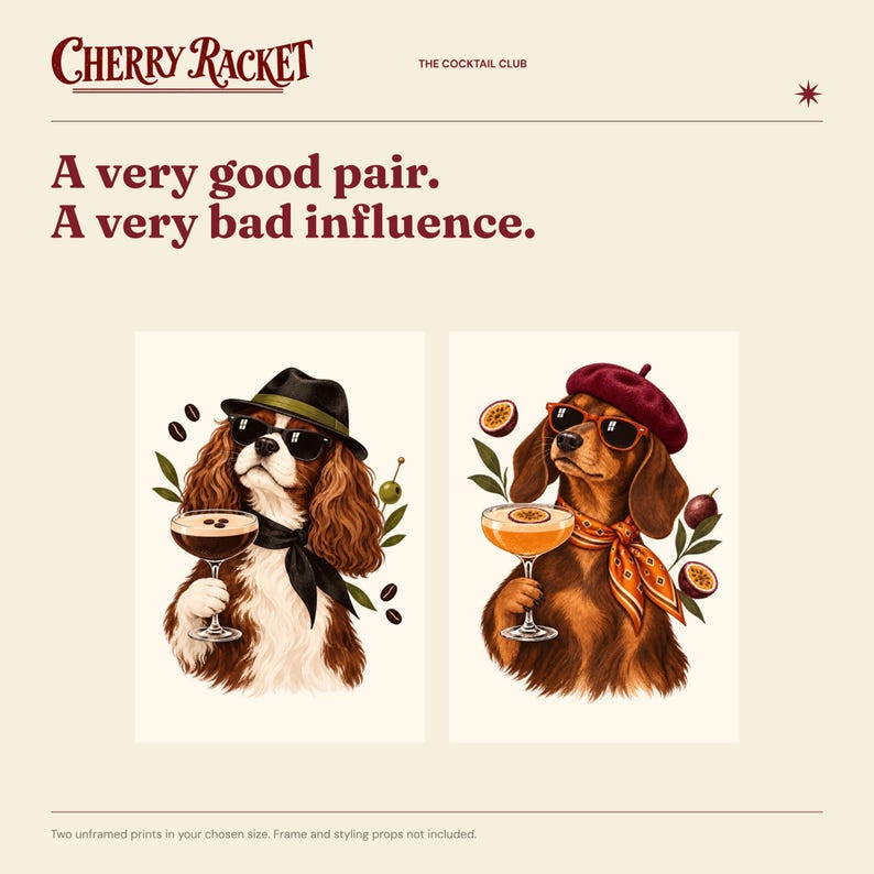Martini Dog Art Print Set of 2, Cavalier and Dachshund, Unframed A4 or A3 image 2