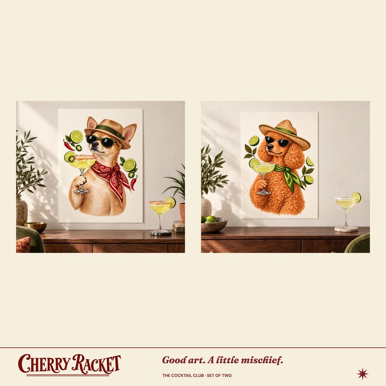 May include: A set of two wall art prints featuring a chihuahua and a poodle, both wearing straw hats and sunglasses. The chihuahua wears a red paisley bandana and holds a margarita, while the poodle wears a green scarf and holds a margarita.