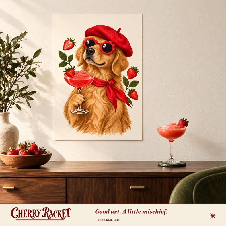 Golden Retriever Strawberry Daiquiri Print, A4 or A3 Dog Cocktail Poster, Unframed Wall Art image 6