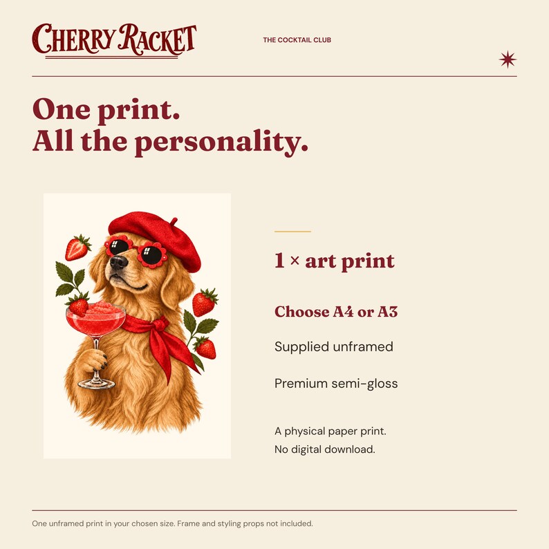 Golden Retriever Strawberry Daiquiri Print, A4 or A3 Dog Cocktail Poster, Unframed Wall Art image 9