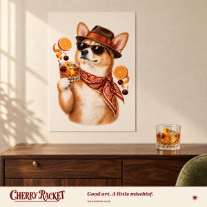 May include: A wall art print featuring a Corgi dog wearing a brown fedora, black sunglasses, and a red paisley bandana. The dog holds a glass of amber liquid with a cherry and orange slice, surrounded by floating orange slices and cherries.