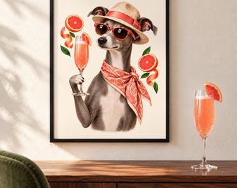 Italian Greyhound Grapefruit Bellini Print, A4 or A3 Dog Cocktail Poster, Unframed Wall Art