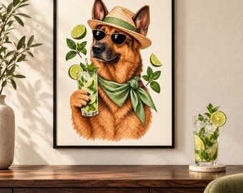 German Shepherd Mojito Art Print, Unframed A4 or A3