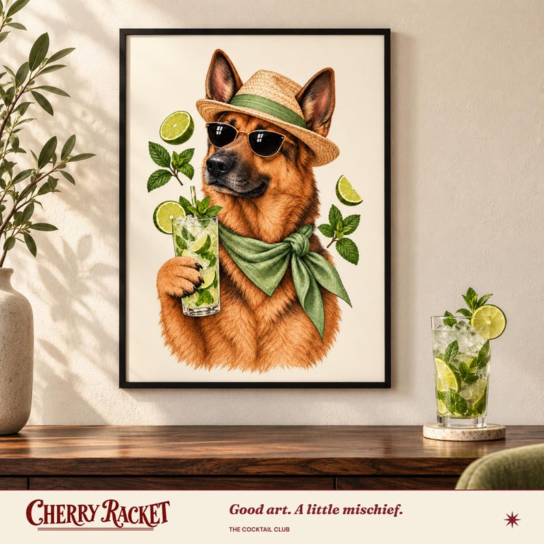 German Shepherd Mojito Print, A4 or A3 Dog Cocktail Poster, Unframed Wall Art image 1