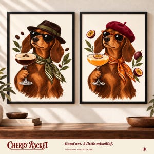 Dachshund Cocktail Art Print Set of 2, Espresso and Pornstar Martini, Unframed A4 or A3 image 1