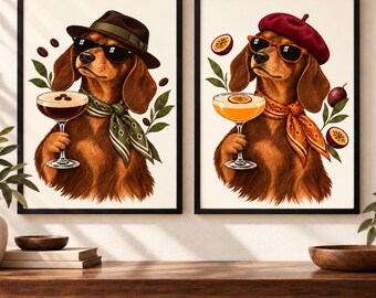 Dachshund Cocktail Art Print Set of 2, Espresso and Pornstar Martini, Unframed A4 or A3