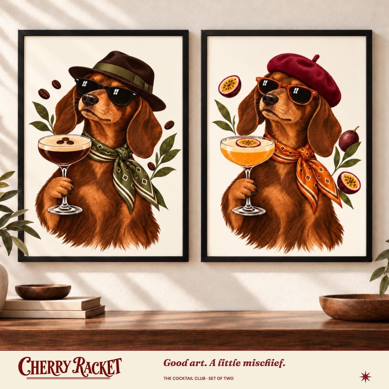 Dachshund Cocktail Art Print Set of 2, Espresso and Pornstar Martini, Unframed A4 or A3 image 1