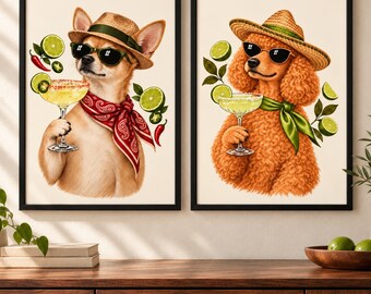 Margarita Dog Art Print Set of 2, Chihuahua and Poodle, Unframed A4 or A3