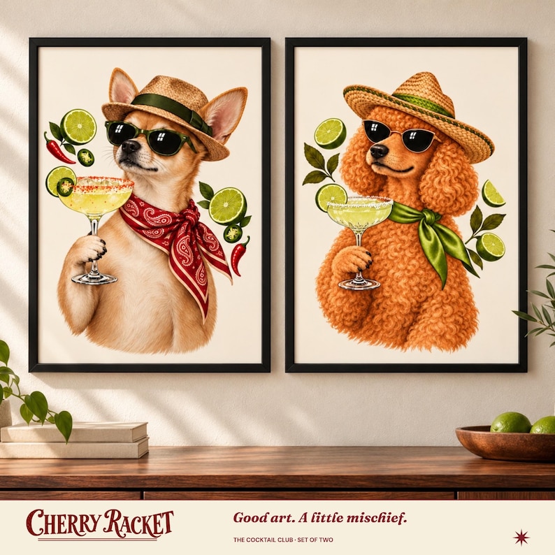 May include: A set of two framed wall art prints featuring a chihuahua and a poodle. Both dogs wear straw hats and sunglasses, holding margarita glasses surrounded by floating lime slices and chili peppers. The chihuahua wears a red bandana.