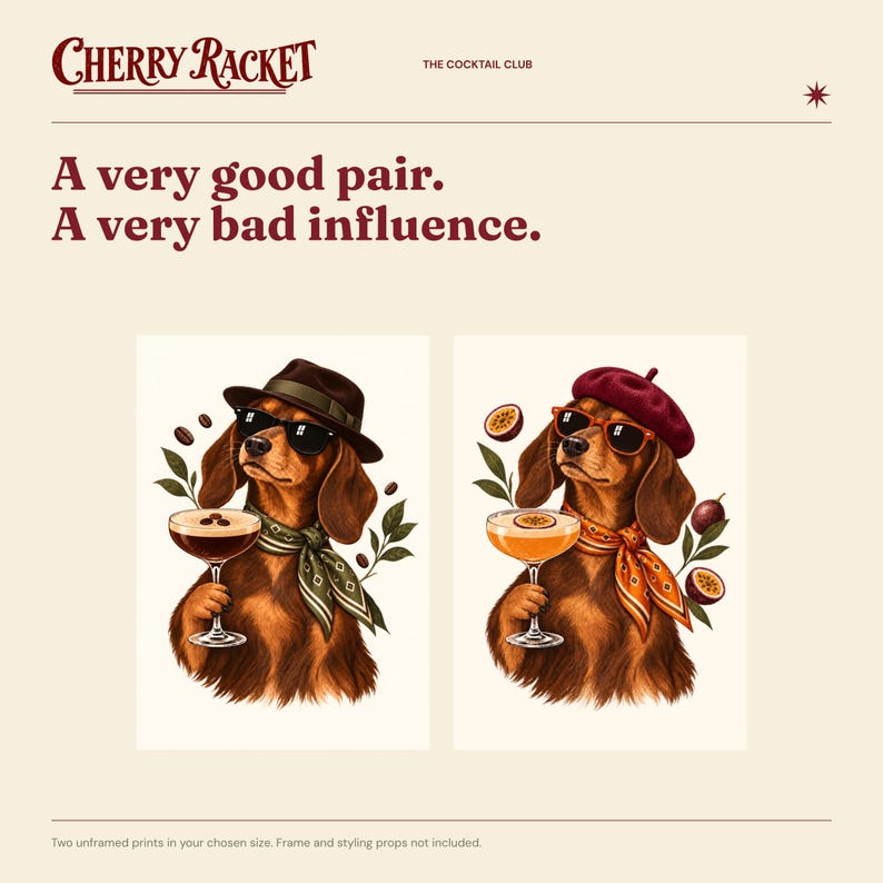 Dachshund Cocktail Art Print Set of 2, Espresso and Pornstar Martini, Unframed A4 or A3 image 2