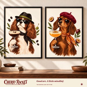 Martini Dog Art Print Set of 2, Cavalier and Dachshund, Unframed A4 or A3