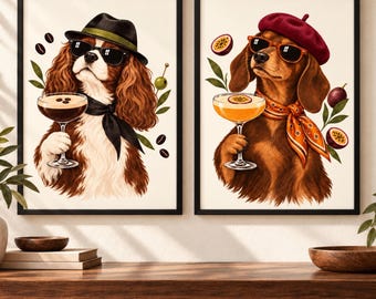 Martini Dog Art Print Set of 2, Cavalier and Dachshund, Unframed A4 or A3