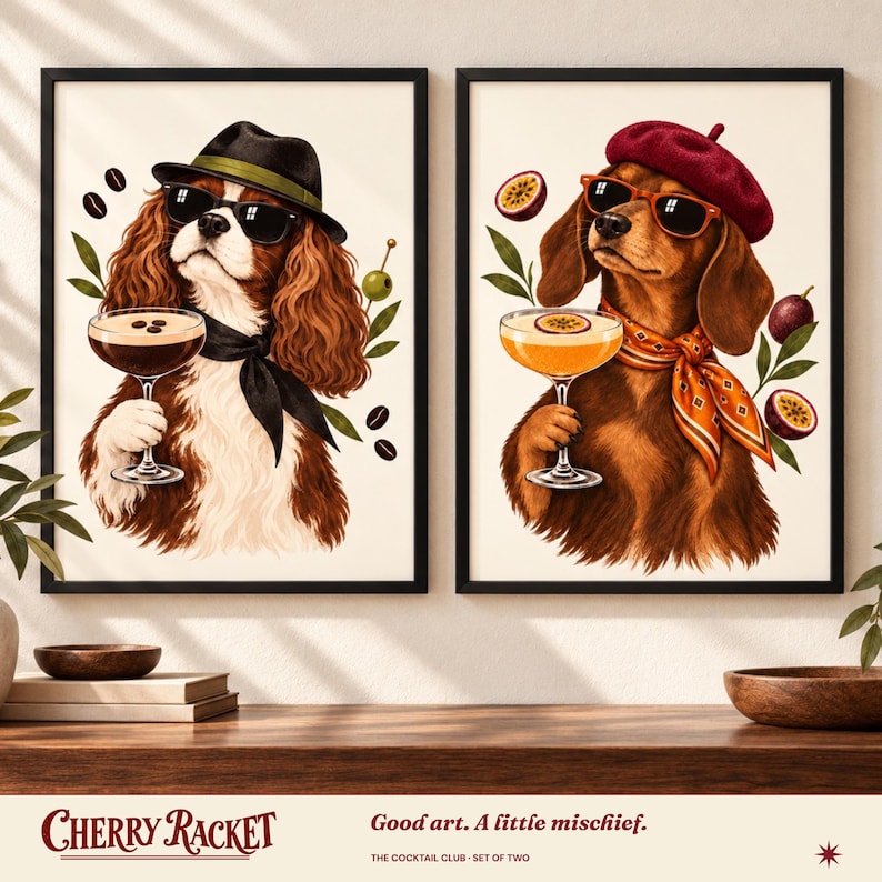 Martini Dog Art Print Set of 2, Cavalier and Dachshund, Unframed A4 or A3 image 1