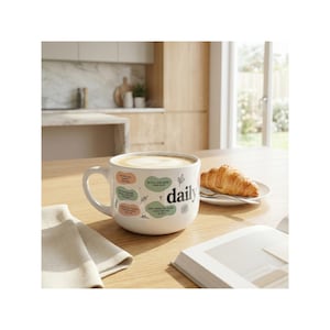 May include: A white ceramic mug featuring the word daily in bold black text, accompanied by a small cross icon and several pastel-colored oval shapes containing printed scripture verses, along with delicate black line-drawn floral accents.