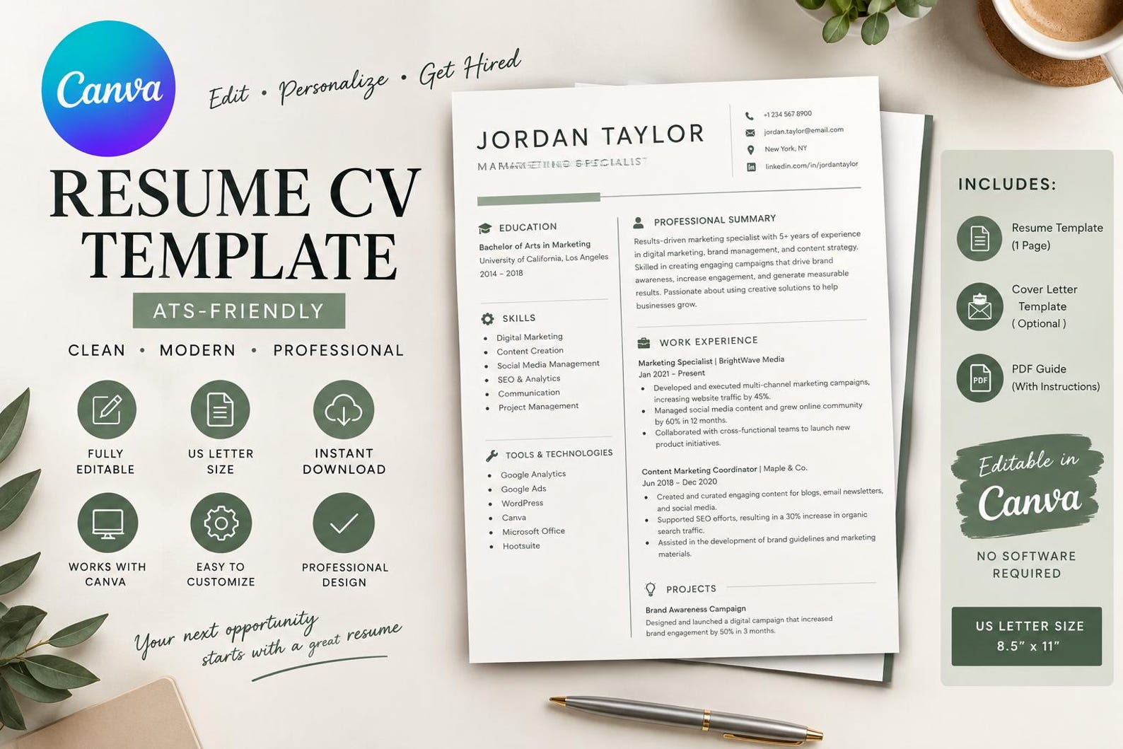 Canva Resume Template, Professional CV Template, Editable Modern Resume ...