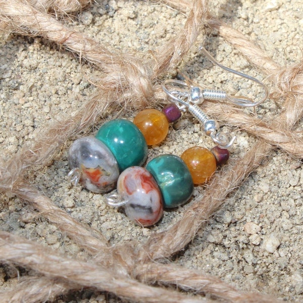 Citrus color earrings, Green Turquoise earrings, Tri Color earrings, Stone earrings, Rust, Green,  green, gold, and rust earrings,Fall style