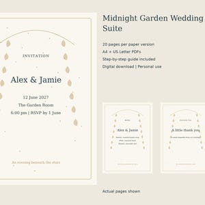 Puede incluir: Un conjunto de invitaciones de boda digital titulado Midnight Garden Wedding Suite en papel beige con texto oscuro. El diseño incluye un gráfico de arco con formas de hojas colgantes, los nombres Alex & Jamie y detalles para el 12 de junio de 2027.