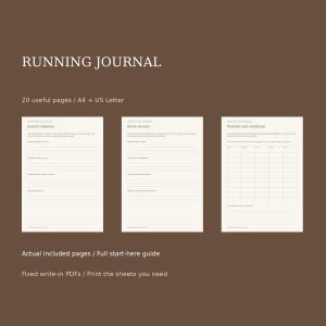 May include: A digital running journal with 20 pages in A4 and US Letter sizes. The document features sections for journal intention, route choices, and weather conditions with lined spaces and tables for tracking running data.