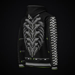 May include: A black hooded sweatshirt featuring a large, gray, mechanical-style spinal column graphic on the back. The sleeves display a repeating white segmented pattern, while thin neon green lines and white geometric accents decorate the fabric.