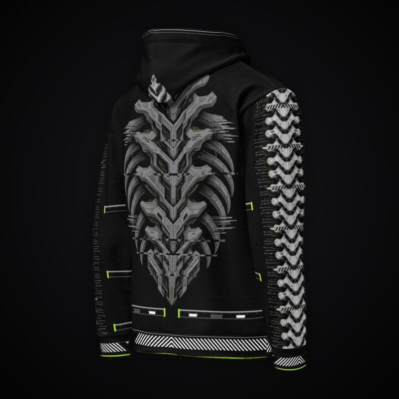 May include: A black hooded sweatshirt featuring a large, gray, mechanical-style spinal column graphic on the back. The sleeves display a repeating white segmented pattern, while thin neon green lines and white geometric accents decorate the fabric.