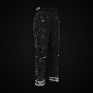 May include: Black sweatpants featuring a subtle, dark gray geometric circuit-board pattern throughout. The pants include an elastic waistband with a drawstring, and horizontal striped detailing in white and neon green at the cuffs.