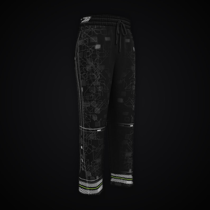 May include: Black sweatpants featuring a subtle, dark gray geometric circuit-board pattern throughout. The pants include an elastic waistband with a drawstring, and horizontal striped detailing in white and neon green at the cuffs.