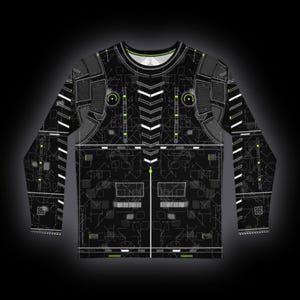 May include: A long-sleeve crew neck shirt in black featuring a white and neon green technical circuit board pattern. The design includes geometric lines, grid structures, and chevron accents across the chest and sleeves.