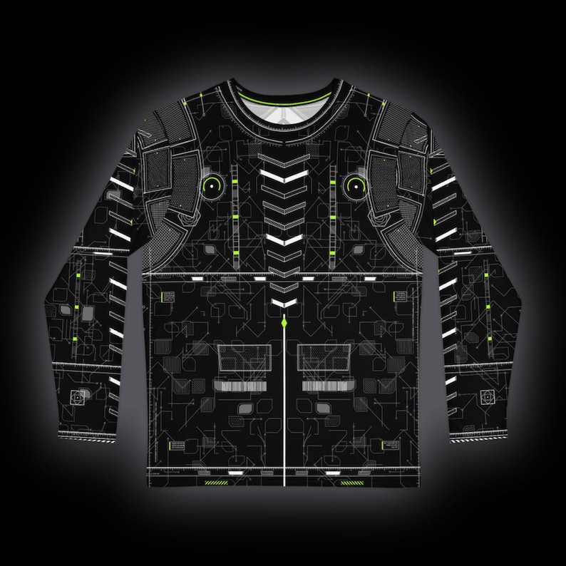 May include: A long-sleeve crew neck shirt in black featuring a white and neon green technical circuit board pattern. The design includes geometric lines, grid structures, and chevron accents across the chest and sleeves.