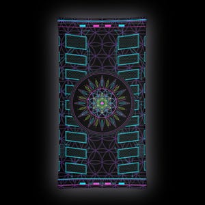 May include: A rectangular fabric neck gaiter featuring a black background with a repeating geometric flower of life pattern in thin purple lines. A central circular mandala design in neon green, blue, and pink sits above rectangular grid panels.
