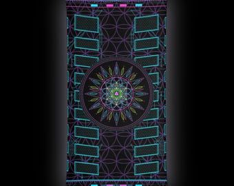 May include: A rectangular fabric neck gaiter featuring a black background with a repeating geometric flower of life pattern in thin purple lines. A central circular mandala design in neon green, blue, and pink sits above rectangular grid panels.