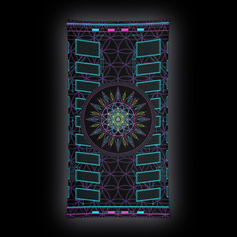 May include: A rectangular fabric neck gaiter featuring a black background with a repeating geometric flower of life pattern in thin purple lines. A central circular mandala design in neon green, blue, and pink sits above rectangular grid panels.