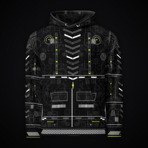May include: A black hooded sweatshirt featuring a complex, all-over print of white and neon green circuit board patterns, geometric lines, and technical schematics. The design includes chevron accents, vertical bars, and circular icons.