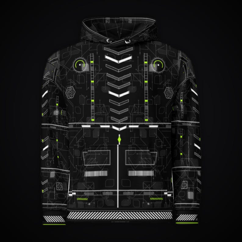 May include: A black hooded sweatshirt featuring a complex, all-over print of white and neon green circuit board patterns, geometric lines, and technical schematics. The design includes chevron accents, vertical bars, and circular icons.