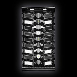 May include: A black neck gaiter featuring a white technical schematic print with geometric shapes, repeating patterns, and small lime green accents. The text JEZERO 77 ASGGE DELTA 17 SOL 0001 is printed in white along the bottom edge of the fabric.