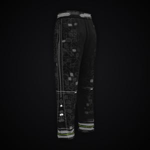May include: Black athletic pants featuring a white geometric line pattern across the fabric. The garment includes a thick waistband with a white striped design and matching white striped detailing at the bottom of the pant legs.