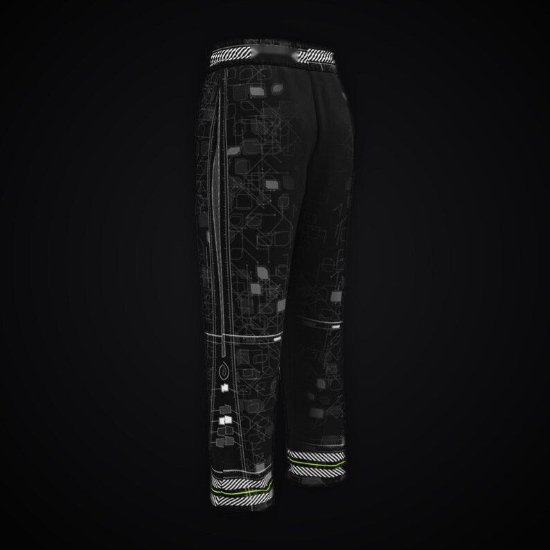 May include: Black athletic pants featuring a white geometric line pattern across the fabric. The garment includes a thick waistband with a white striped design and matching white striped detailing at the bottom of the pant legs.