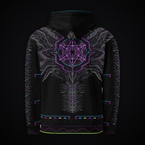 May include: A black hooded sweatshirt featuring a vibrant purple and teal geometric star design on the back. The graphic includes intricate circuit-like patterns, lines, and a central star shape. The sleeves and hem have matching neon accents.