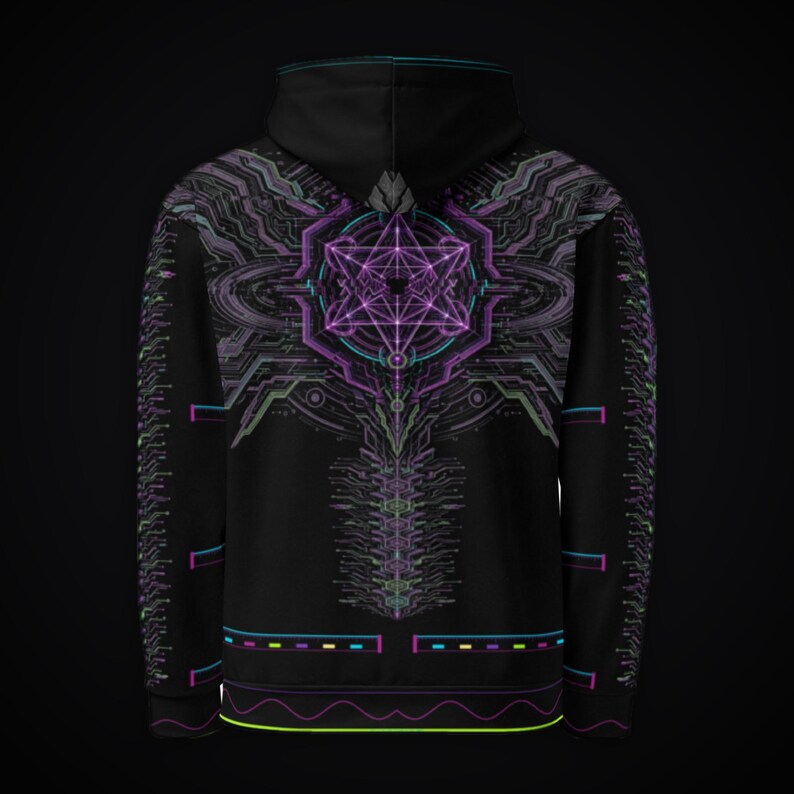 May include: A black hooded sweatshirt featuring a vibrant purple and teal geometric star design on the back. The graphic includes intricate circuit-like patterns, lines, and a central star shape. The sleeves and hem have matching neon accents.
