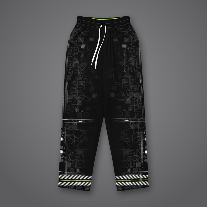 May include: Black sweatpants featuring a white circuit board pattern on the legs, a white drawstring at the elastic waistband, and horizontal white and neon green striped detailing along the bottom hem of each pant leg.