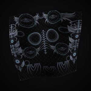 May include: A black fabric square featuring a repeating pattern of winged eyes, circular mechanical motifs, and a central spinal column graphic. The design is rendered in shades of grey and white with a subtle diamond grid overlay throughout.