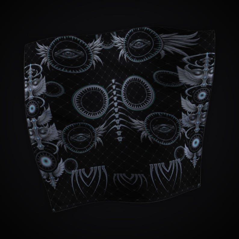 May include: A black fabric square featuring a repeating pattern of winged eyes, circular mechanical motifs, and a central spinal column graphic. The design is rendered in shades of grey and white with a subtle diamond grid overlay throughout.