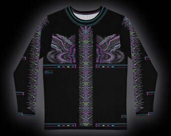 May include: A black long-sleeve shirt featuring a central vertical column of intricate, symmetrical geometric patterns in neon purple, green, and blue. The design includes circuit-like lines, abstract shapes, and thin horizontal bars.