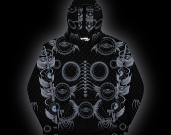 May include: A black hooded sweatshirt featuring an all-over print of grey, circular eye motifs, winged symbols, and vertical spinal column patterns. The design includes intricate geometric details and a repeating dot texture across the fabric.