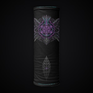 May include: A black tubular neck gaiter featuring a central purple and teal geometric star design surrounded by intricate symmetrical line patterns. Below the main graphic is a stylized leaf-like element in shades of dark gray and purple.