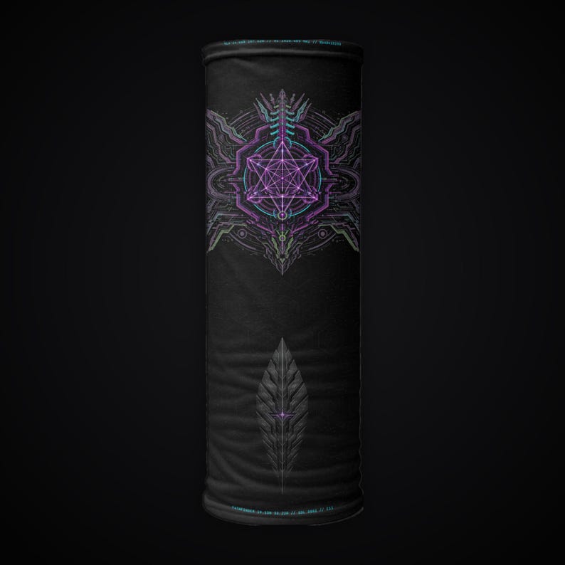 May include: A black tubular neck gaiter featuring a central purple and teal geometric star design surrounded by intricate symmetrical line patterns. Below the main graphic is a stylized leaf-like element in shades of dark gray and purple.