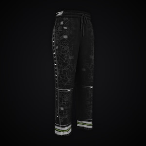 May include: Black sweatpants featuring a subtle, dark grey geometric line pattern across the fabric. The garment includes an elastic waistband with a drawstring, vertical side panels with white chevron accents, and horizontal striped cuffs.