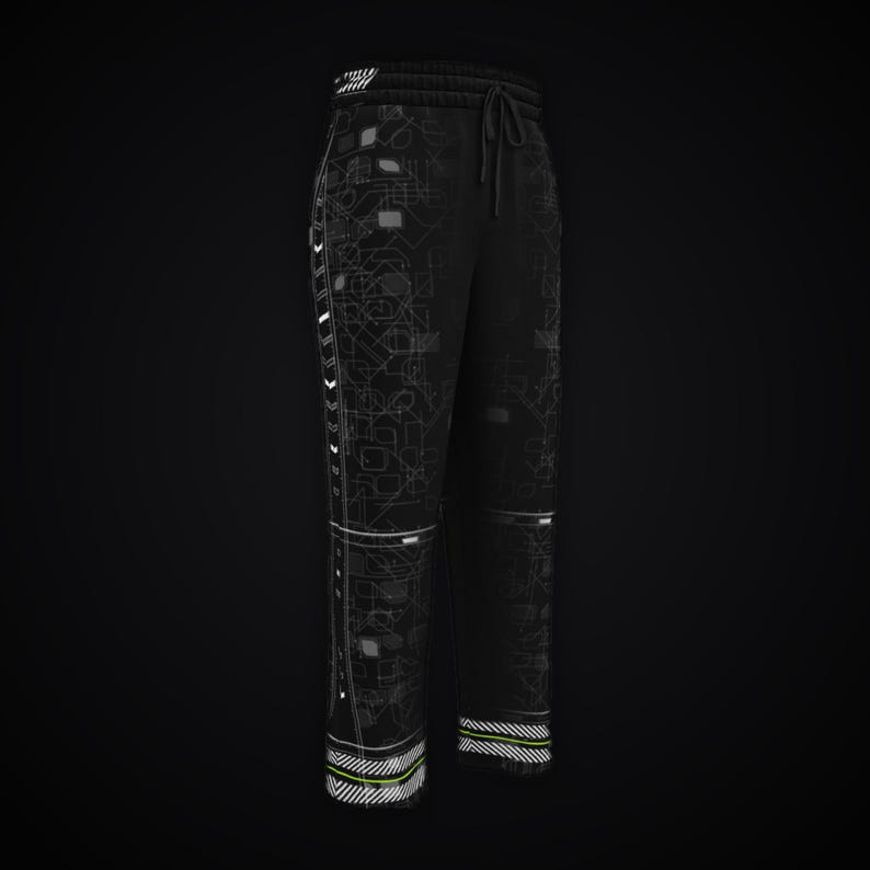 May include: Black sweatpants featuring a subtle, dark grey geometric line pattern across the fabric. The garment includes an elastic waistband with a drawstring, vertical side panels with white chevron accents, and horizontal striped cuffs.