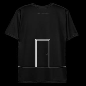 K&ouml;nnte beinhalten: Ein schwarzes Kurzarm-T-Shirt mit einer wei&szlig;en Strichzeichnung einer geschlossenen T&uuml;r, die &uuml;ber einer horizontalen Linie zentriert ist. Der Text "SONEY FREQUENCY" ist in kleinen wei&szlig;en Buchstaben am Halsausschnitt gedruckt.