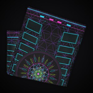 May include: A black neck gaiter featuring a vibrant neon pattern of purple intersecting circles, cyan rectangular outlines with dotted interiors, and a central circular mandala design composed of bright yellow, green, and pink lines.