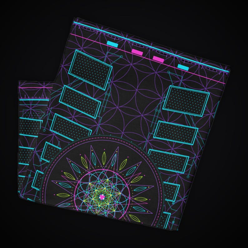 May include: A black neck gaiter featuring a vibrant neon pattern of purple intersecting circles, cyan rectangular outlines with dotted interiors, and a central circular mandala design composed of bright yellow, green, and pink lines.